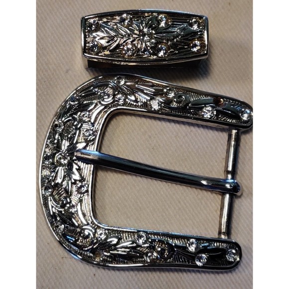 SILVER TONED DECORATIVE FLORAL FRAME STYLE WESTERN BELT BUCKLE CLEAR RHINESTONES - Picture 7 of 8